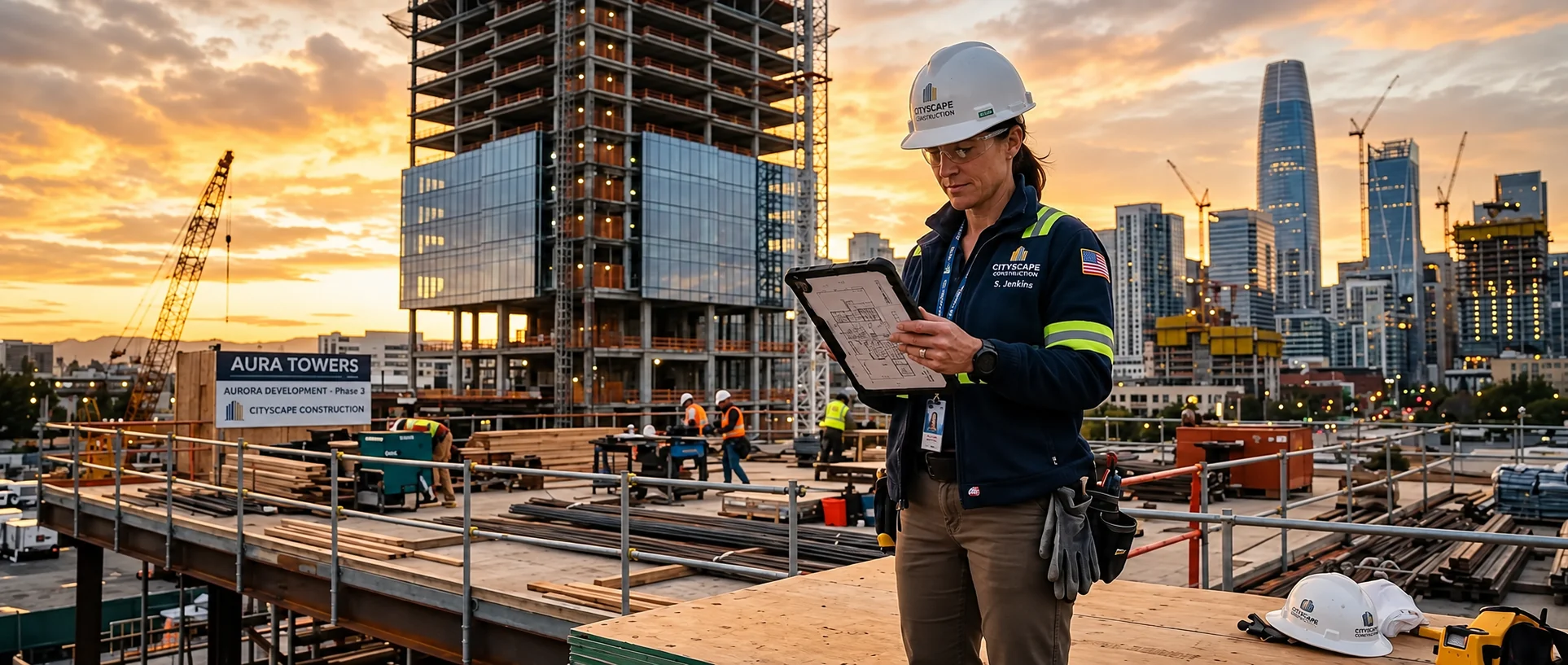 Contractor with a tablet at a construction site